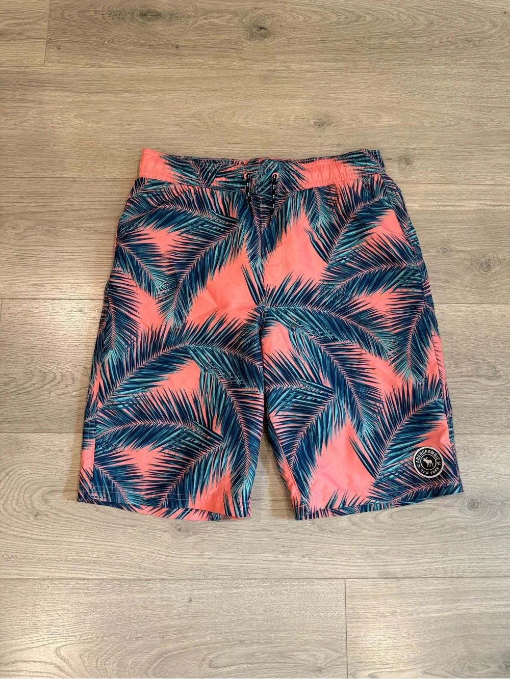 abercrombie kids Coral and Teal Palm-Print Swim Trunks